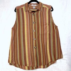 VTG Express L Sleeveless Buttoned Shirt Striped Linen Earthy Boho Lagenlook 90s